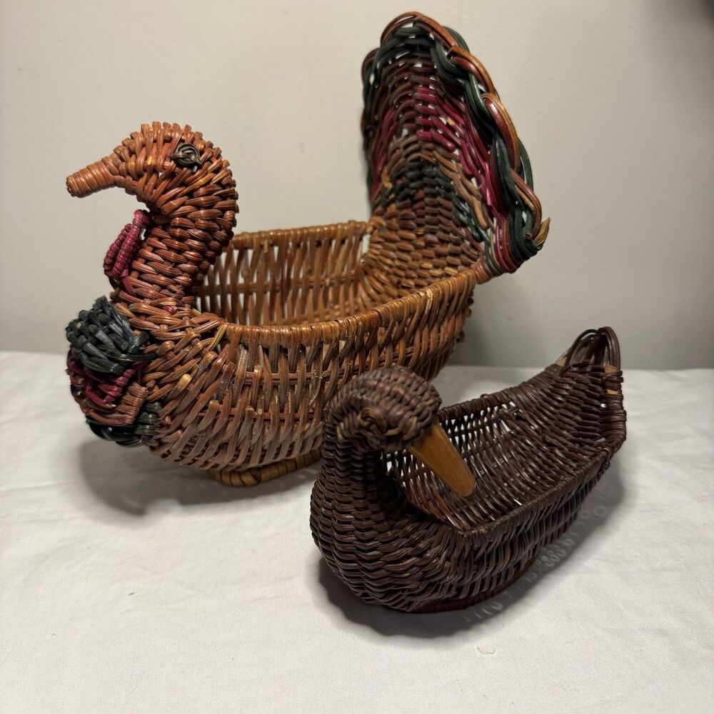 Ratan Wicker Turkey and Duck Baskets Vintage Tableware Decor Set  2 Thanksgiving